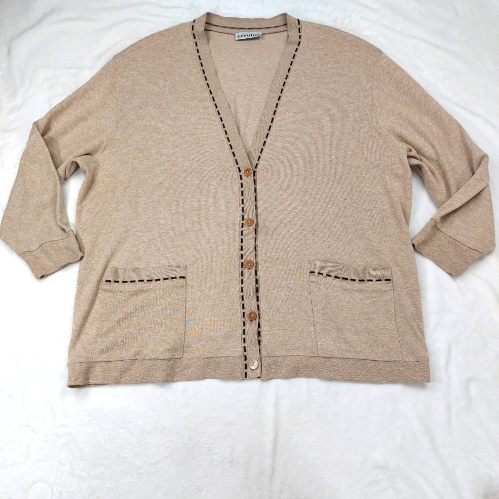 ECCOTOO VINTAGE WOMEN'S TAN 3/4 SLEEVE BUTTON FRONT POCKET CARDIGAN SIZE 2-3XL